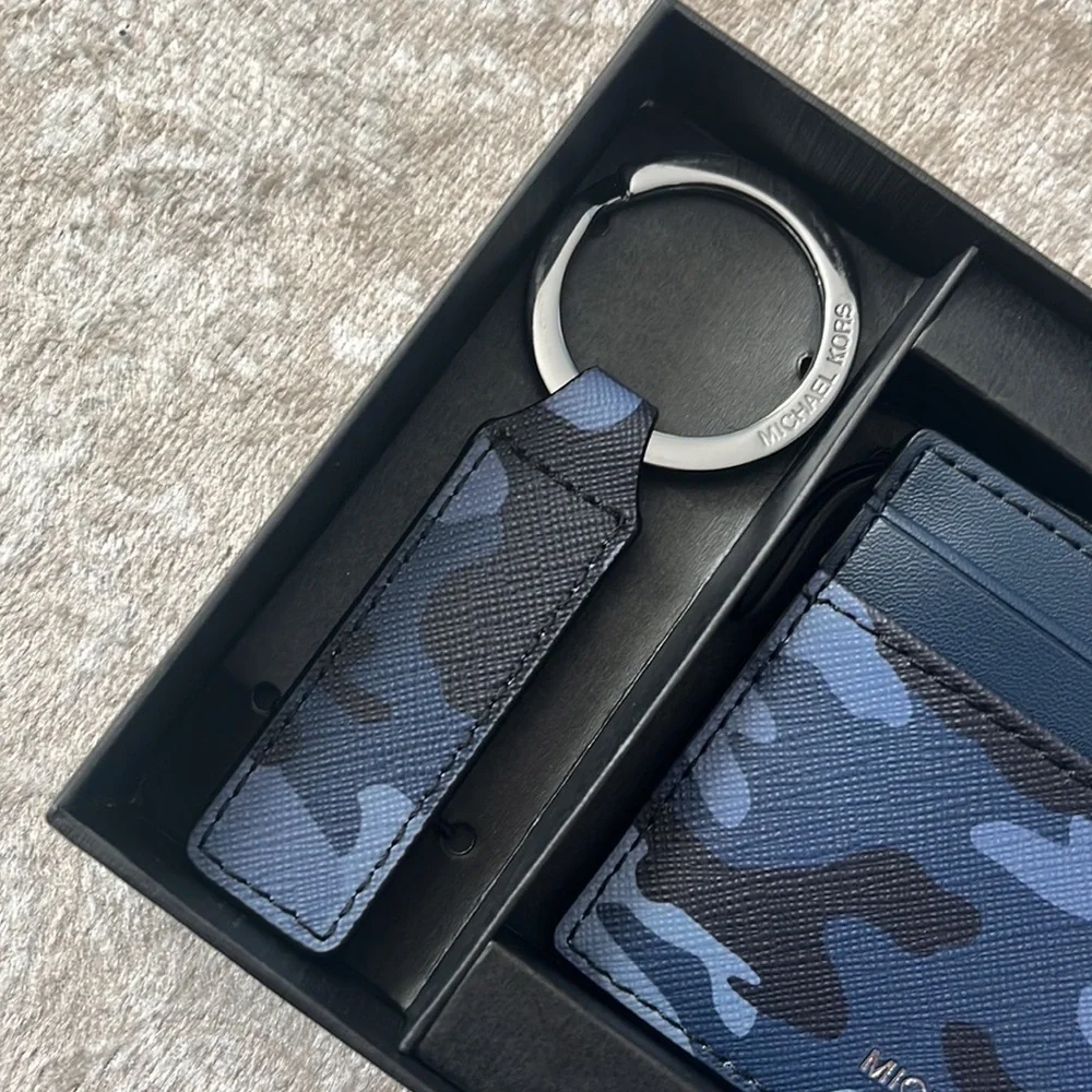 Brand New Michael Kors Admiral Blue Camo Card Holder Case & Key Fob Ring Set